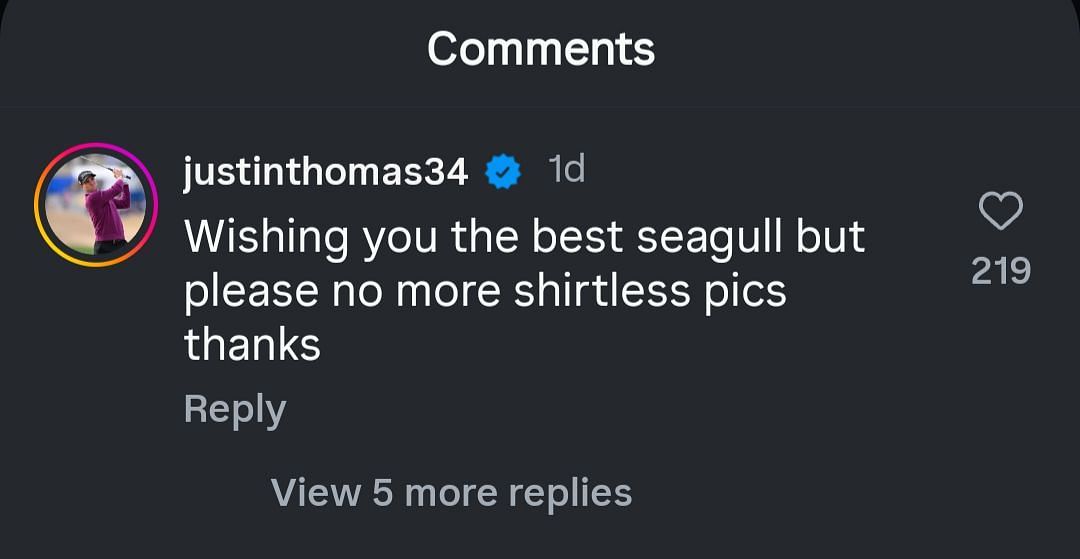 Screenshot of Justin Thomas' comment under Hoffman's post / IG: @charleyhoffman